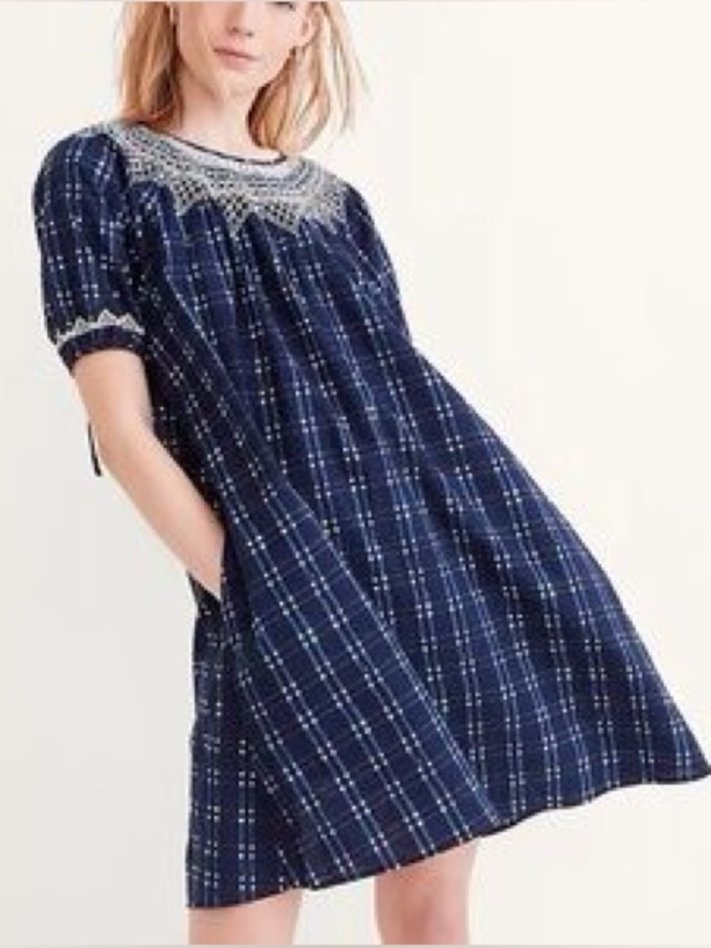 Madewell Embroidered Puff-Sleeve Babydoll Dress NWOT Indigo Plaid XXS